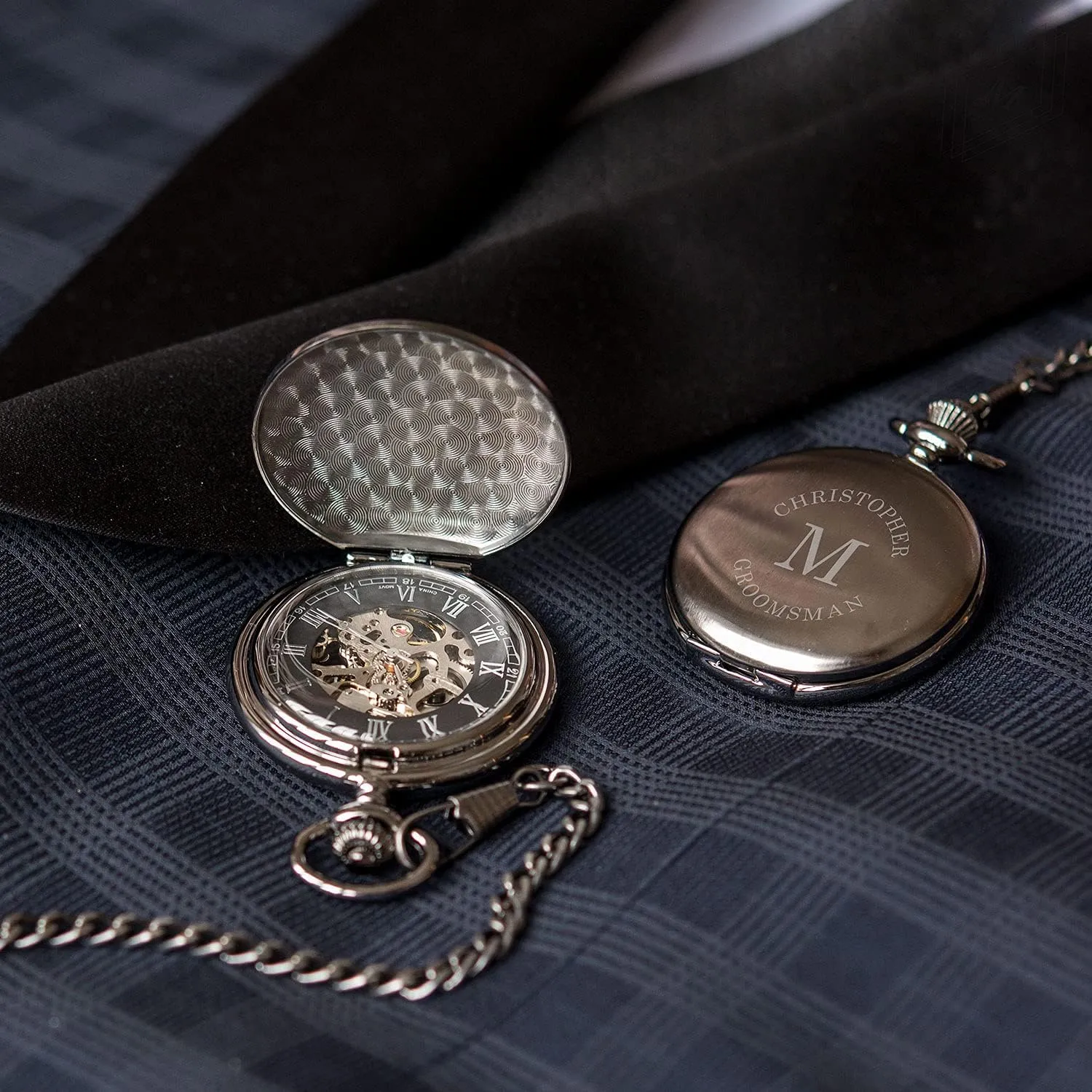 Personalized Custom Engraved Mechanical Pocket Watch & Fob WEDDINGSTAR subtle arbitrary tightly blip boundary ambush Gunmetal 
