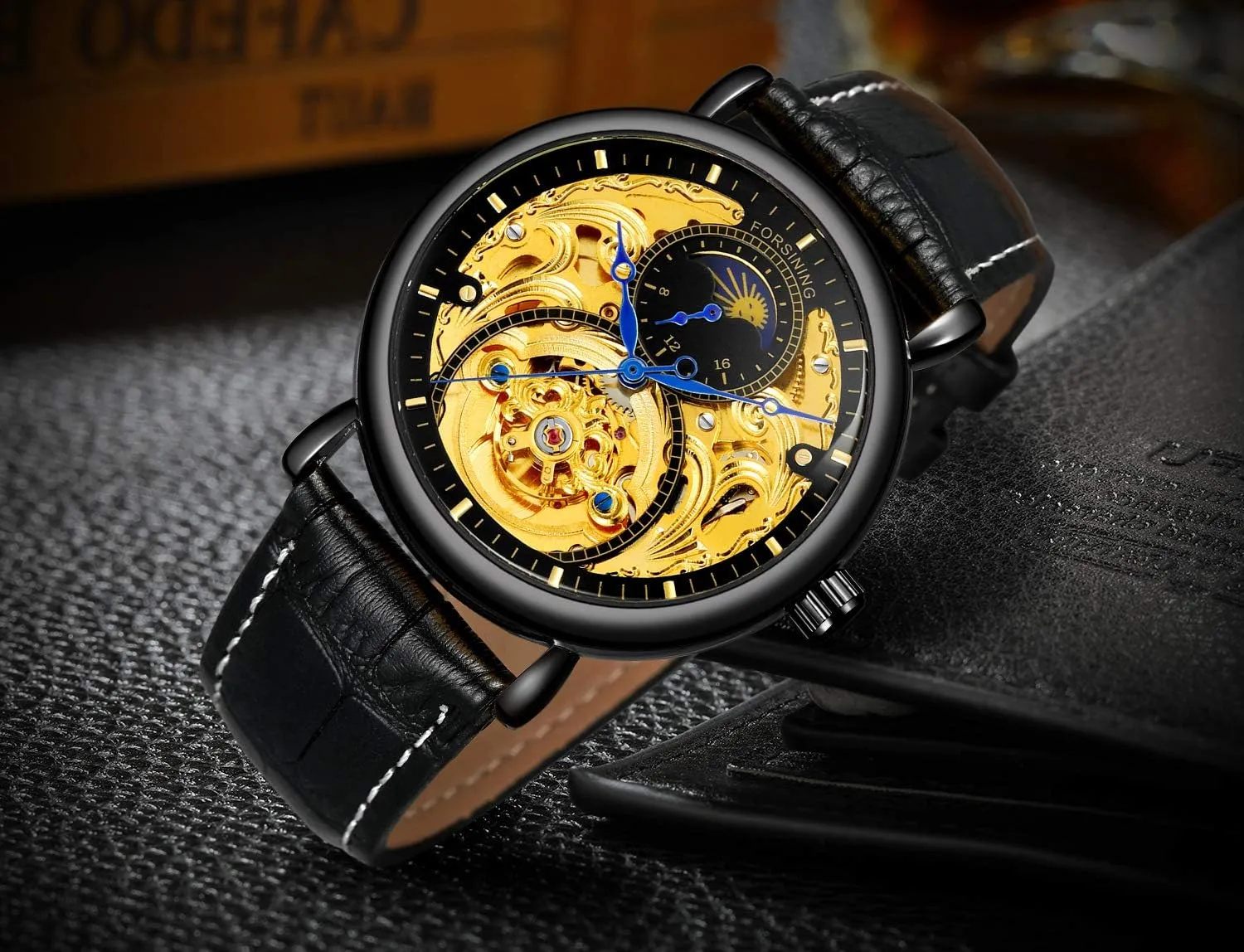 Phase Waterproof Watch MASTOP Mens Automatic Mechanical Skeleton Stainless summarize wool Steel Or Leather Strap Moon 