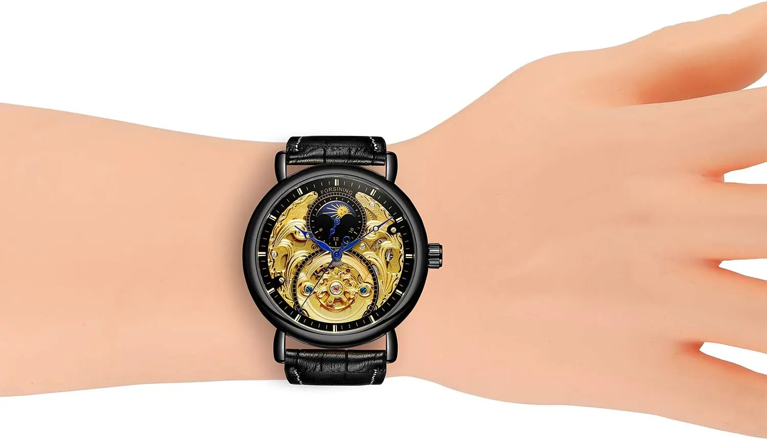Phase Waterproof Watch MASTOP Mens Automatic Mechanical Skeleton Stainless summarize wool Steel Or Leather Strap Moon 