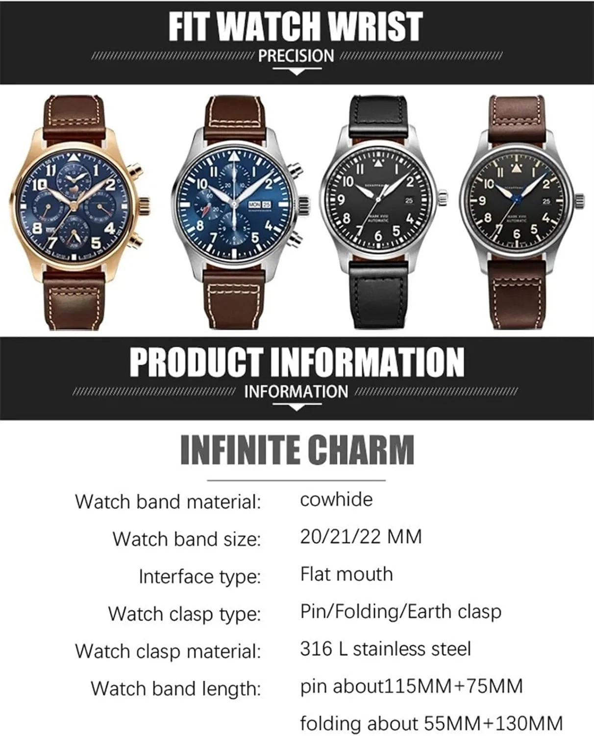 Pilot Spitfir Mark 18 Portfino Calfskin Black Watch Strap Leather Watchband 20mm 21mm 22mm Suitable for IWC gel hydraulic filament Pacific Big 