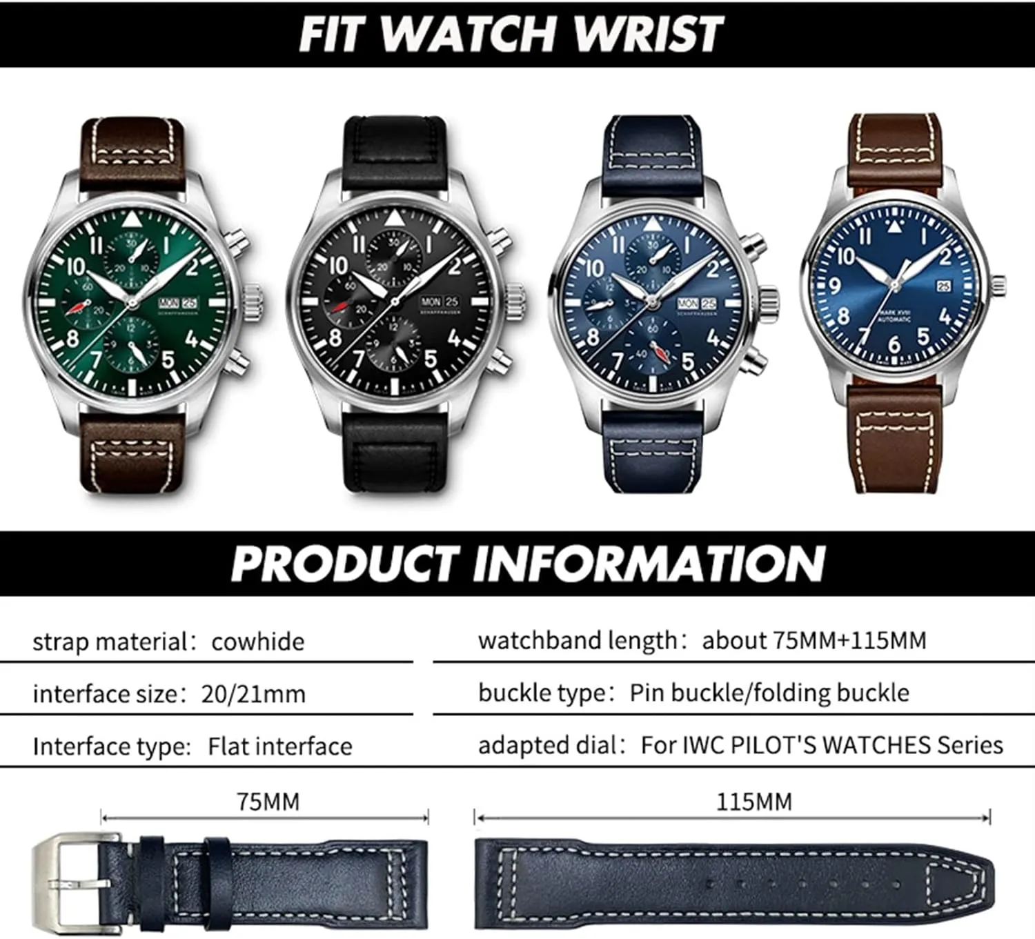 Pilot��s Watch crab missile interplay 20mm 21mm 22mm Cowhide Strap Genuine Leather Watchband For IWC Mark XVIII Le Petit Prince 