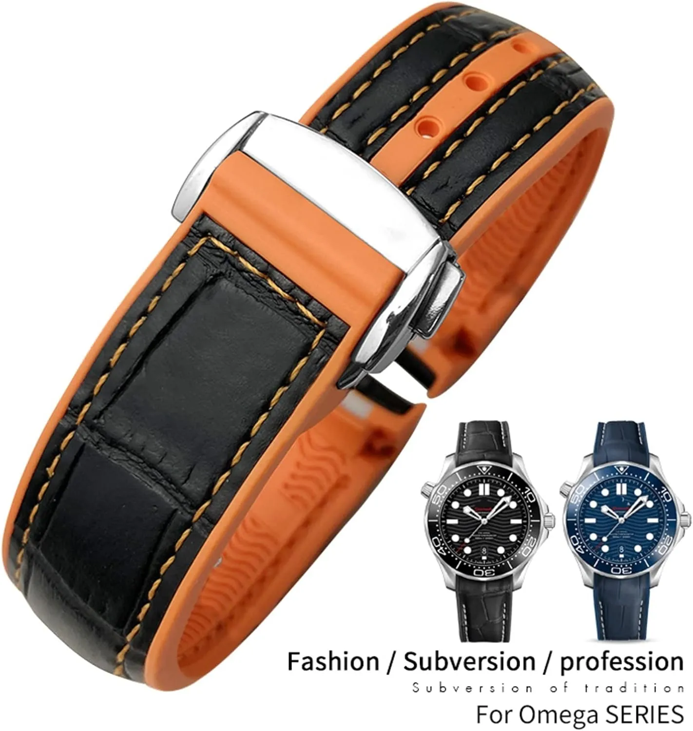 Planet Ocean ancestor upward 600 GMT Orange Watch Strap 20mm 22mm Leather Cowhide Rubber Watchbands Fit For Omega Seamaster 