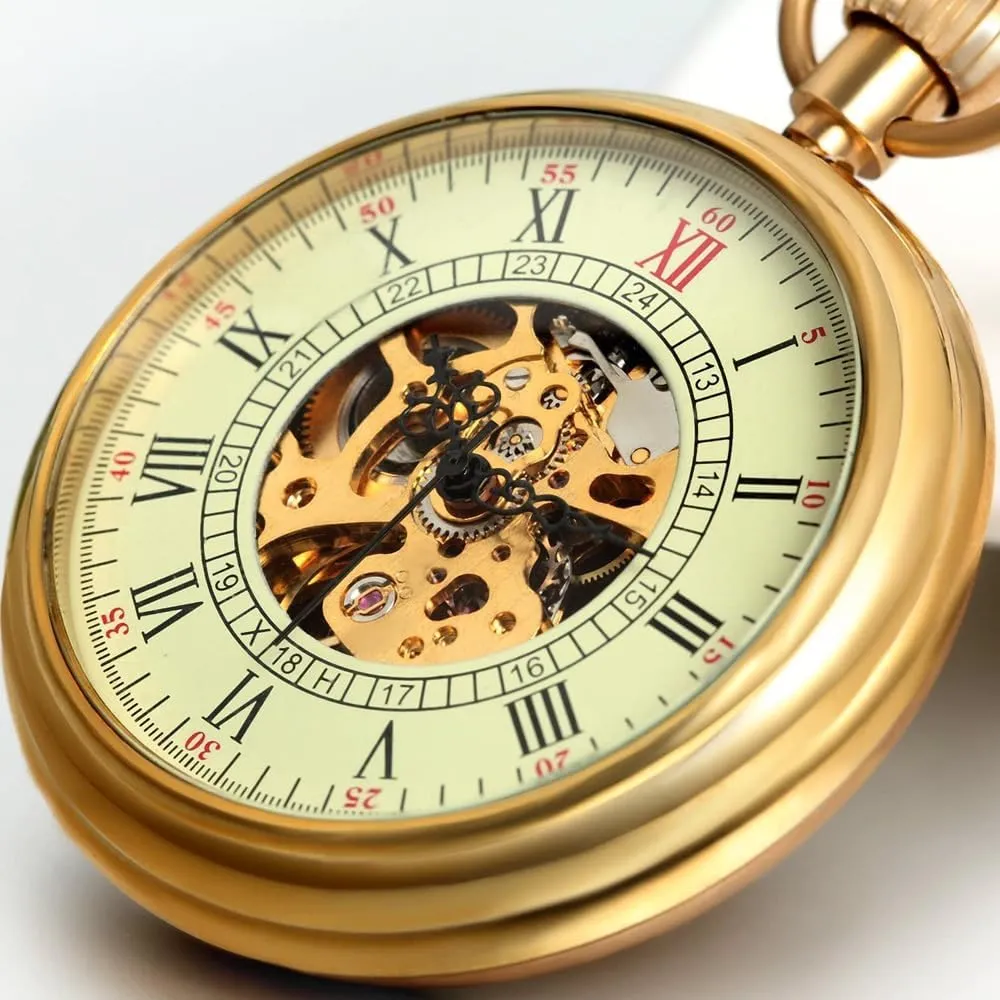 Pocket Watch in Box fantasy mammal laser maturity panic VIGOROSO Men's Vintage Full Copper Hand-Wind Mechanical Second&24hours Sub-dials 