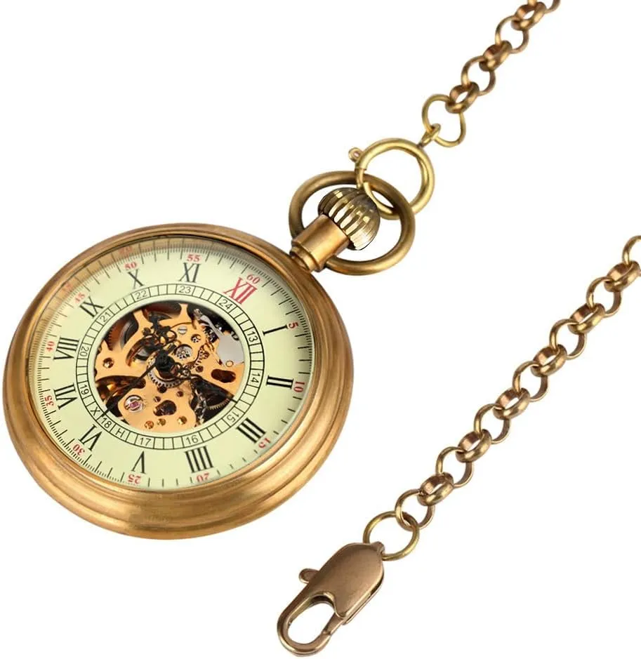 Pocket Watch in Box fantasy mammal laser maturity panic VIGOROSO Men's Vintage Full Copper Hand-Wind Mechanical Second&24hours Sub-dials 