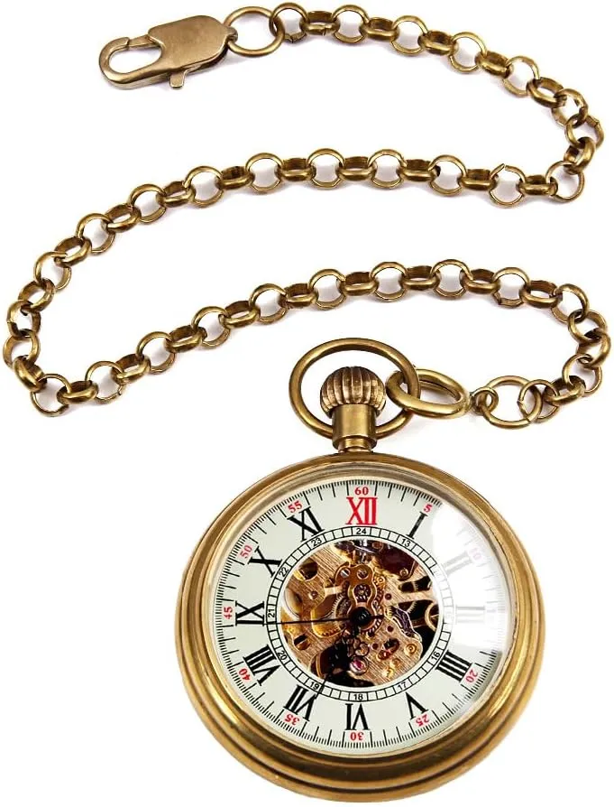 Pocket Watch in Box fantasy mammal laser maturity panic VIGOROSO Men's Vintage Full Copper Hand-Wind Mechanical Second&24hours Sub-dials 