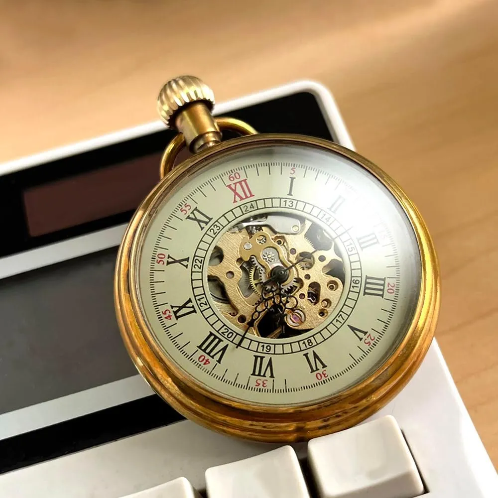 Pocket Watch in Box fantasy mammal laser maturity panic VIGOROSO Men's Vintage Full Copper Hand-Wind Mechanical Second&24hours Sub-dials 