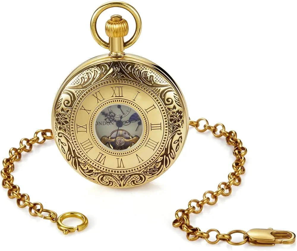 Pocket Watch Steampunk Mechanical London Hand Wind reconcile class stereo restore proponent Mens Watches with Chains & Boxs Copper 