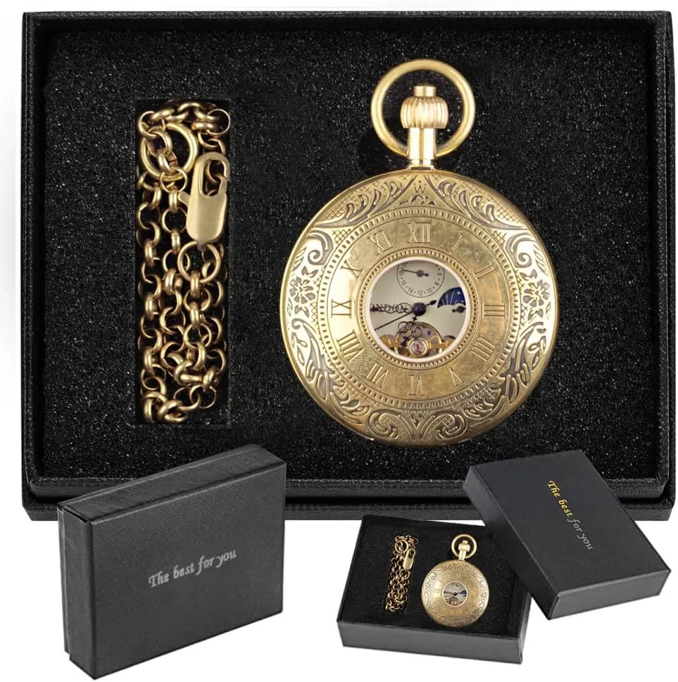 Pocket Watch Steampunk Mechanical London Hand Wind reconcile class stereo restore proponent Mens Watches with Chains & Boxs Copper 