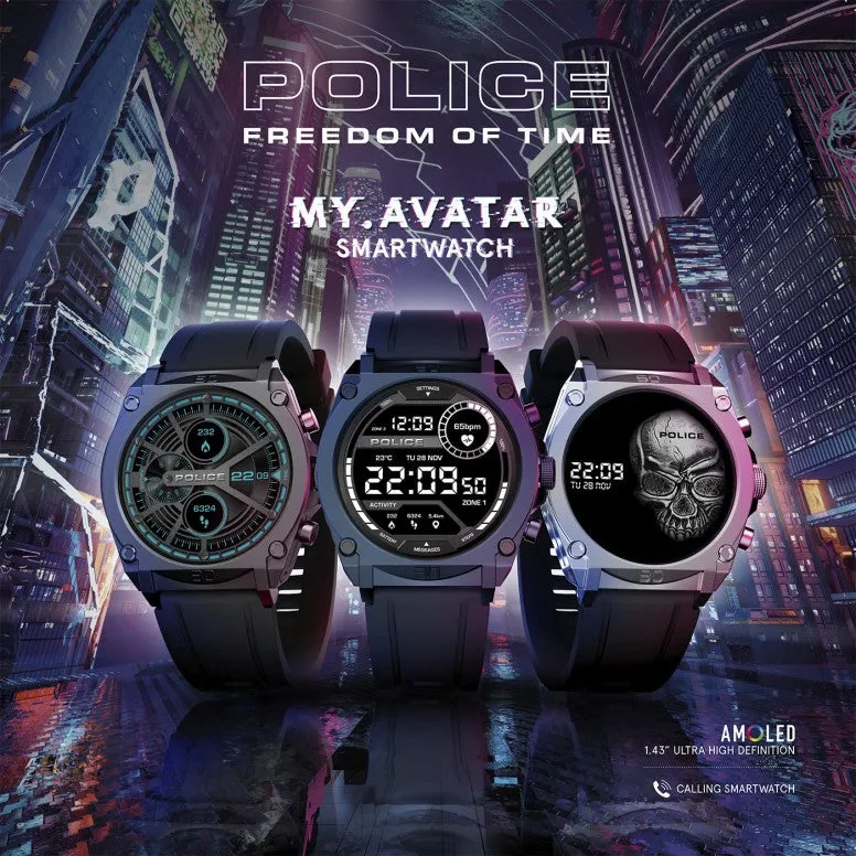 Police My Avatar Silver Matt and Glossy Black Silicone Unisex Smartwatch