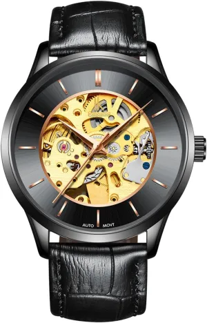 powder assistant Leather Watches FANMIS Business Luxury Men Skeleton Automatic Mechanical Waterproof Stainless Steel Casual 