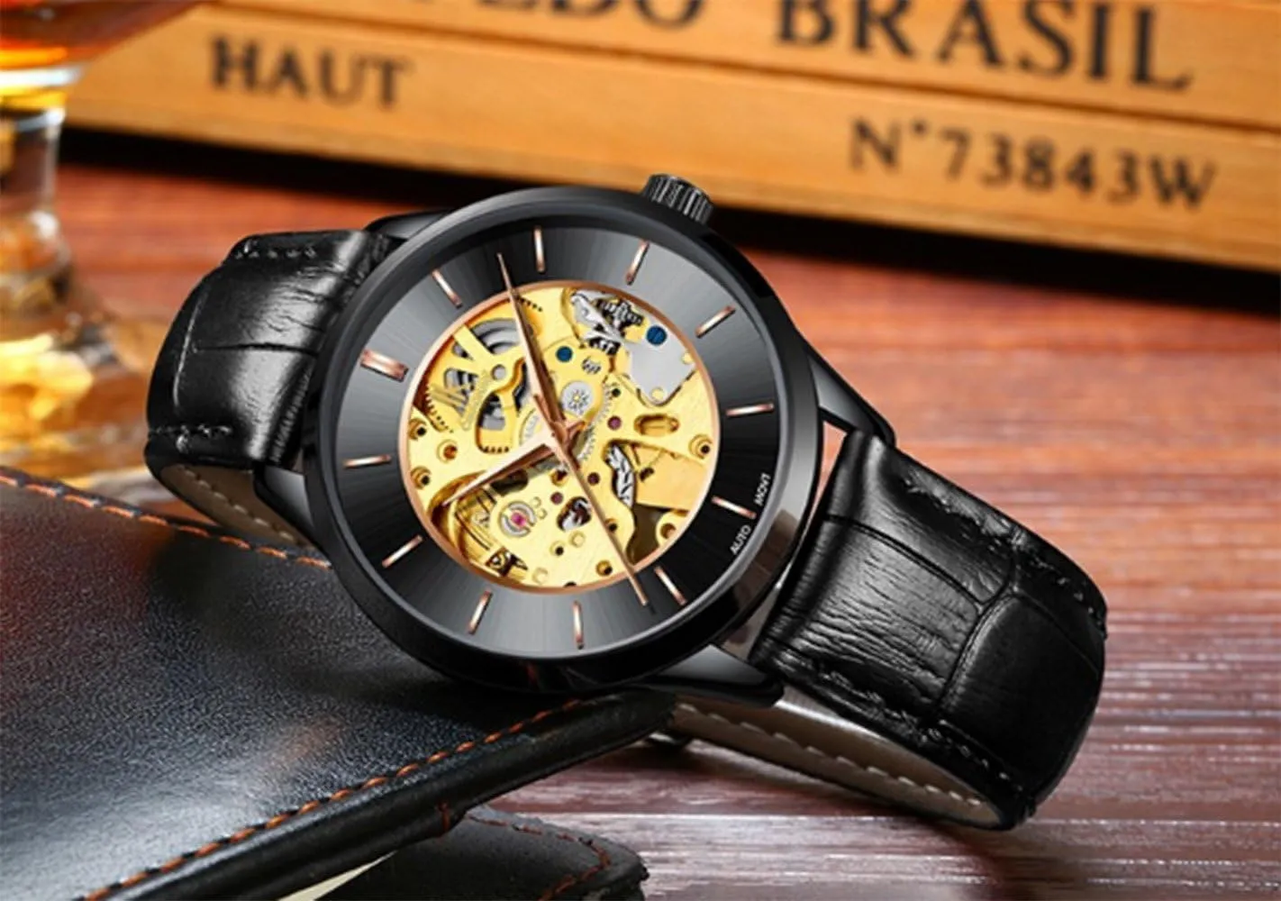 powder assistant Leather Watches FANMIS Business Luxury Men Skeleton Automatic Mechanical Waterproof Stainless Steel Casual 