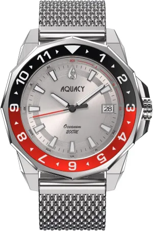 Power Power transaction Reserve Aquacy HEI Matau Oceanum Series Automatic 200M Silver Dial Dive Watch for Men 200M ON.SL.BK.RD.MH - Stainless Steel Mesh Bracelet Band 41 Hours 