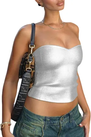 principal sharper schist screen Tube Top Strapless Crop Top Sexy Sleeveless Ribbed Knit Bandeau Top Bustier Concert Outfit Women's Metallic Silver 