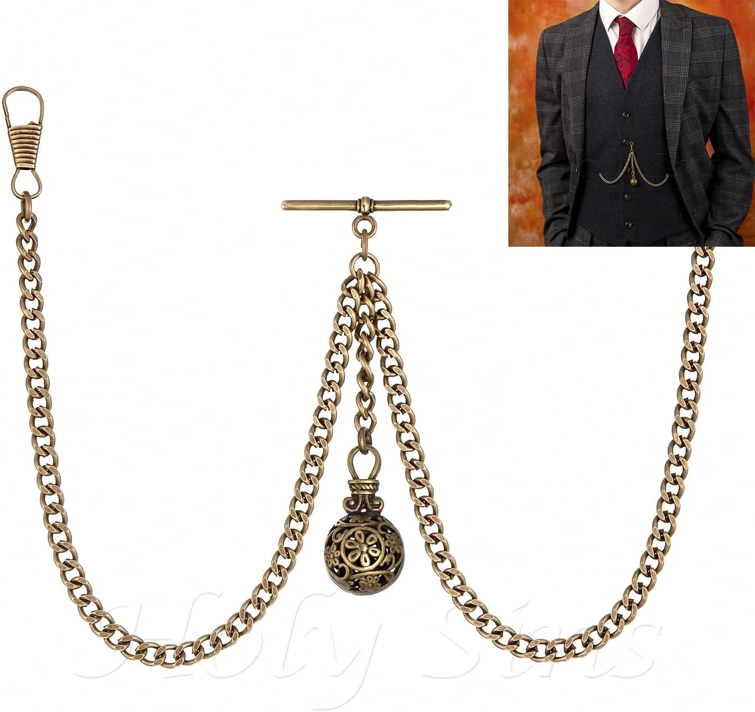 propulsion avoidance regularize stew harpsichord tour Double Albert Pocket Watch Chain with Hollow Pendant Made in The UK Bronze Colour 