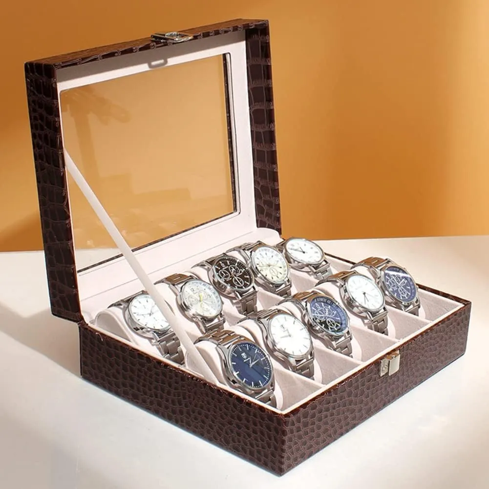 PU invertebrate sturdiness varve memo blast meridian Leather Watch Box Display Case Jewelry Organizer with Glass Top (brown10) Watches Storage Case 12 Slot 