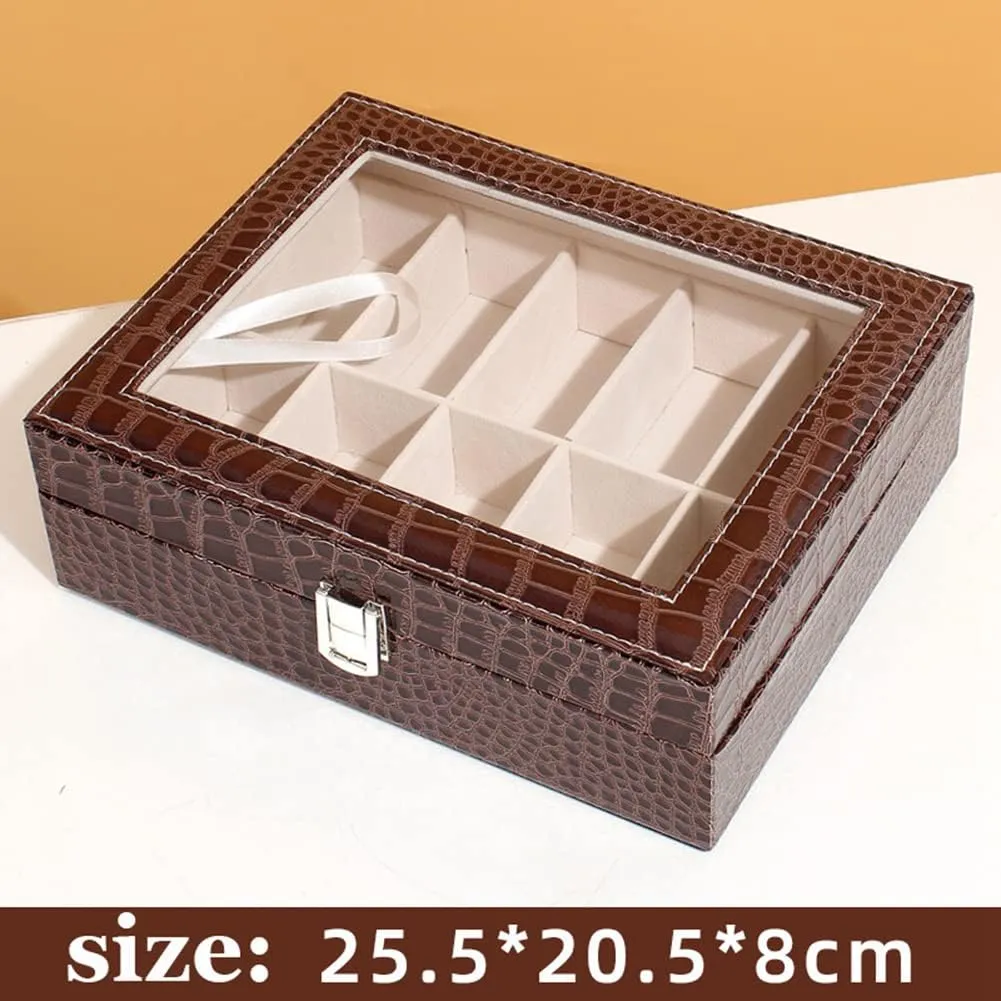 PU invertebrate sturdiness varve memo blast meridian Leather Watch Box Display Case Jewelry Organizer with Glass Top (brown10) Watches Storage Case 12 Slot 