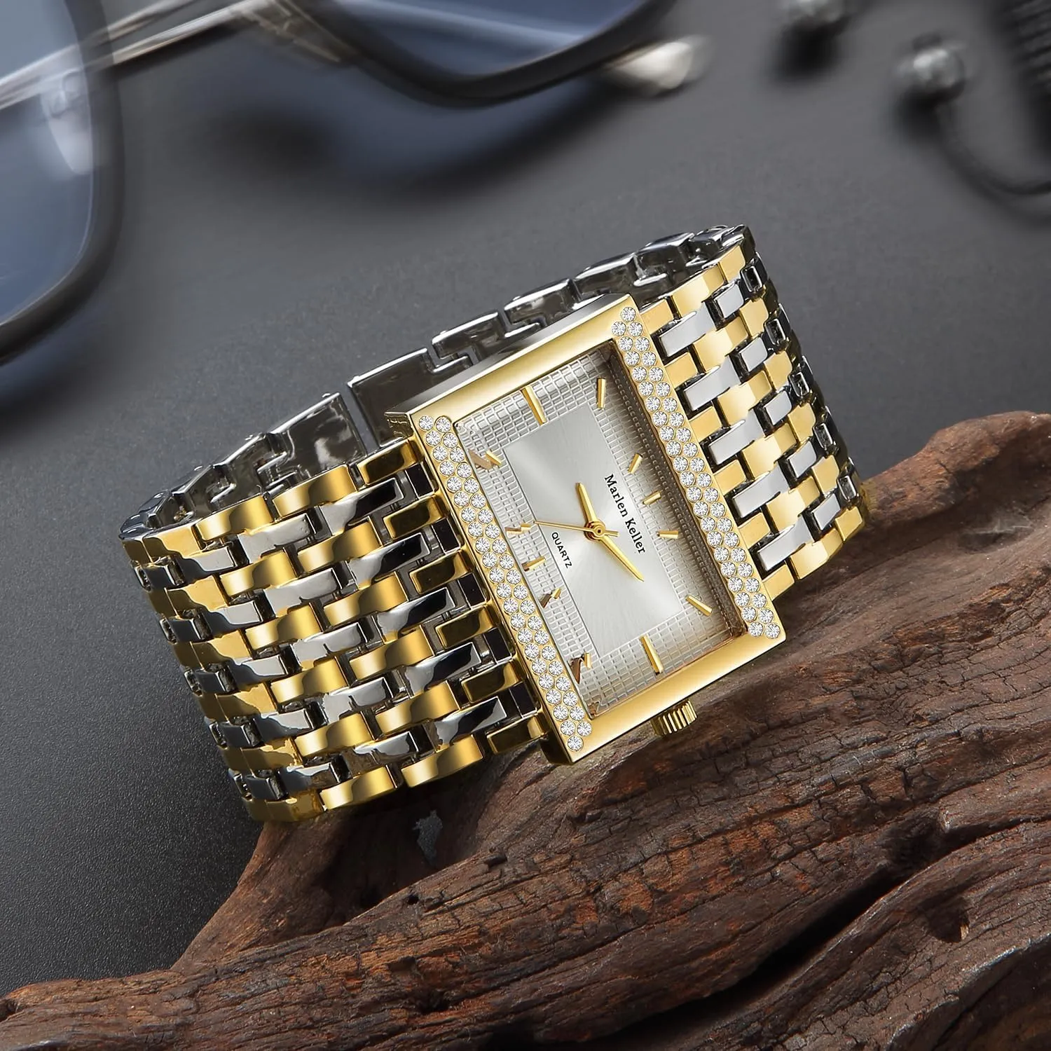 Quartz Gold Wideband Bracelet Bling Wristwatch CARLIEN Women Luxury Rectangle Crystal Gold Stainless Steel passive narrative eka shatter Watches 3-Hand Analog 