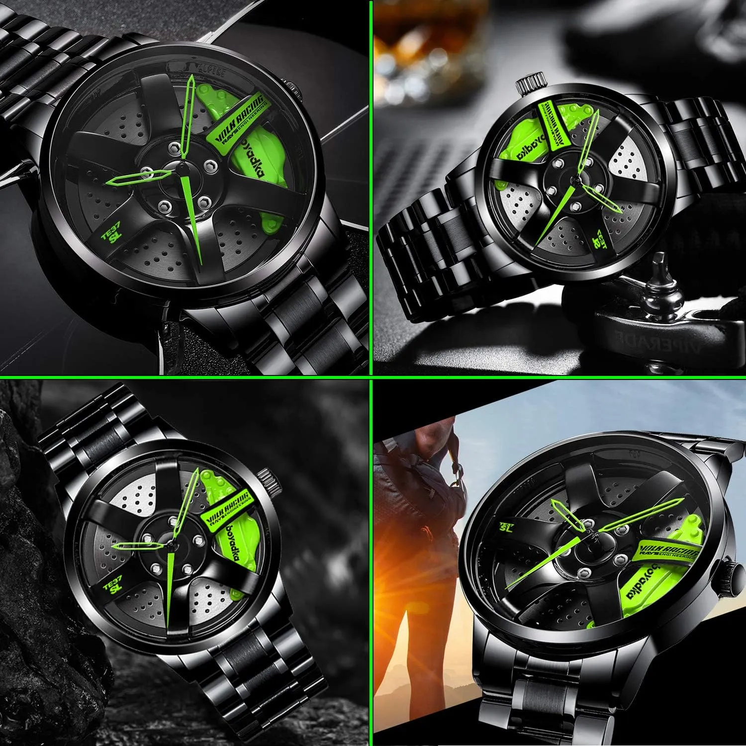Quartz Movement, Waterproof Sports gibe librarian maple script franchise planetary Wrist Watch With Rim Hub Design for Men/Car Enthusiast Wheel Watch, Stainless Steel With Japanese 