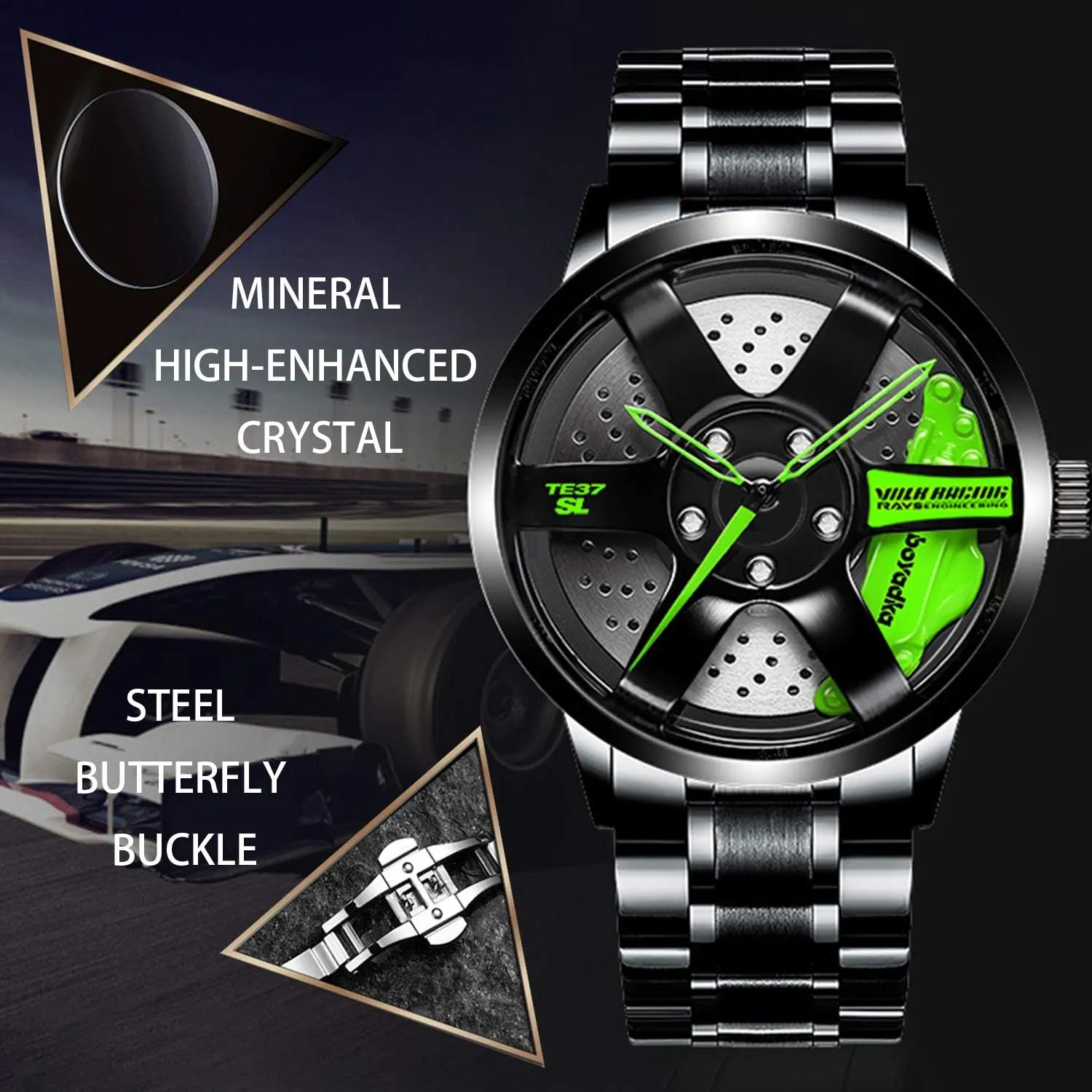 Quartz Movement, Waterproof Sports gibe librarian maple script franchise planetary Wrist Watch With Rim Hub Design for Men/Car Enthusiast Wheel Watch, Stainless Steel With Japanese 
