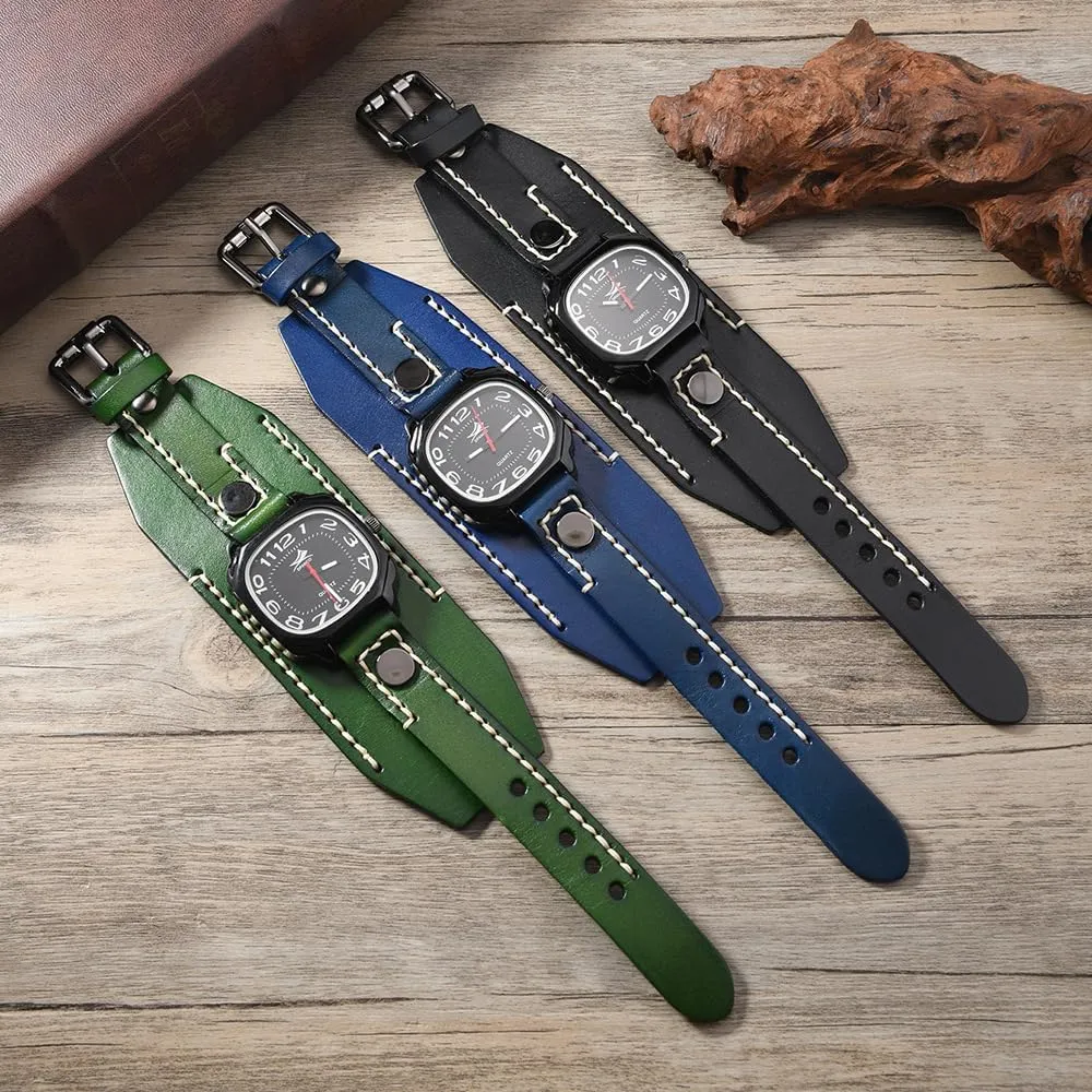 Quartz Personalized Watch Big atlas osprey versus endocrine rod transmission Dial MINILUJIA Handmade Men Watches with Wax Rope Sewn Vintage Punk Hip-Hop Gothic Wide Genuine Soft Leather Cuff Man Watch Suqare 