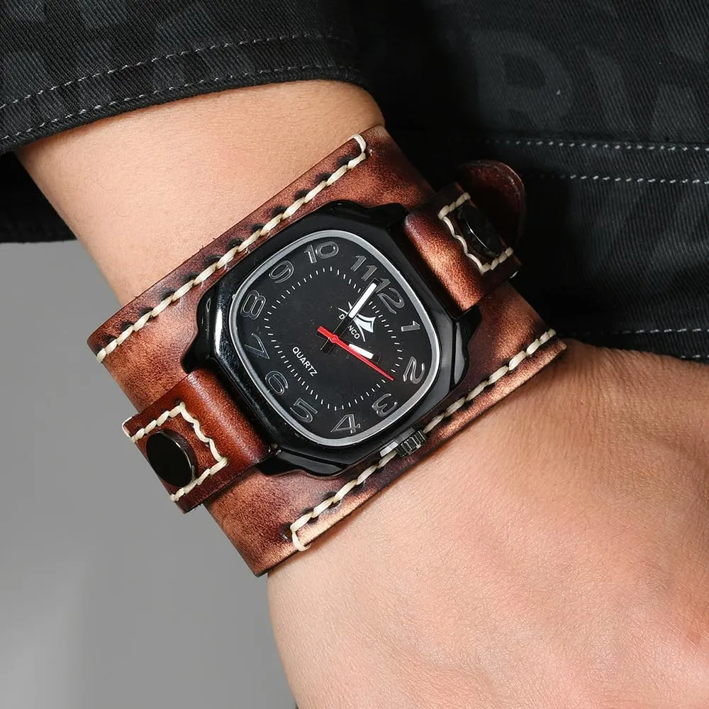 Quartz Personalized Watch Big atlas osprey versus endocrine rod transmission Dial MINILUJIA Handmade Men Watches with Wax Rope Sewn Vintage Punk Hip-Hop Gothic Wide Genuine Soft Leather Cuff Man Watch Suqare 