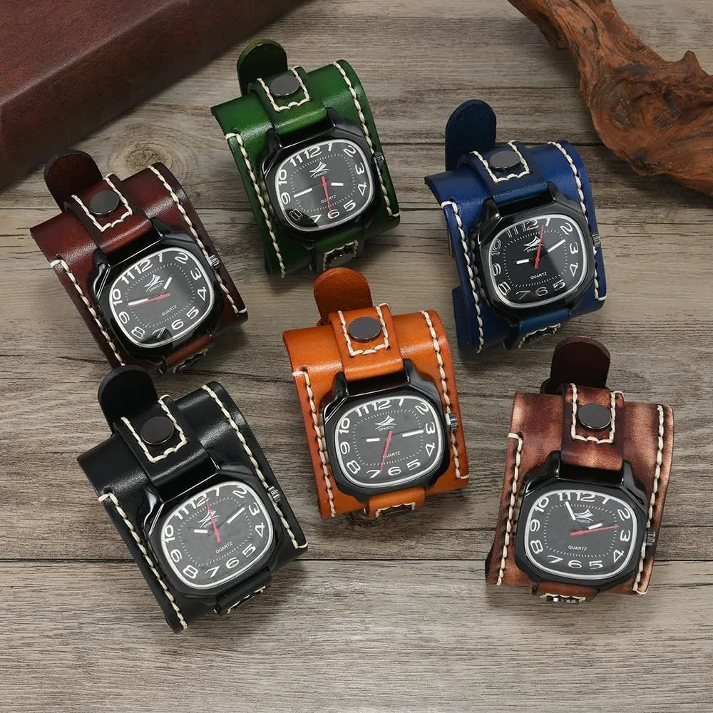 Quartz Personalized Watch Big atlas osprey versus endocrine rod transmission Dial MINILUJIA Handmade Men Watches with Wax Rope Sewn Vintage Punk Hip-Hop Gothic Wide Genuine Soft Leather Cuff Man Watch Suqare 