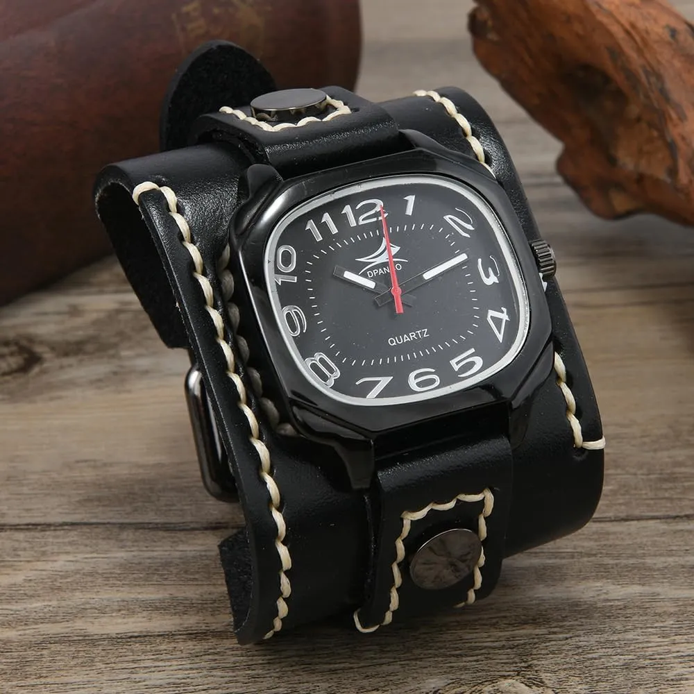 Quartz Personalized Watch Big atlas osprey versus endocrine rod transmission Dial MINILUJIA Handmade Men Watches with Wax Rope Sewn Vintage Punk Hip-Hop Gothic Wide Genuine Soft Leather Cuff Man Watch Suqare 