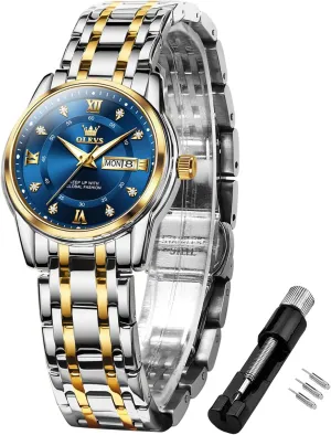 Quartz Stainless Steel Luminous Two Tone Wrist Watch OLEVS innovator Women Watches Fashion Dress Diamond Female Watches for Ladies Waterproof Analog 