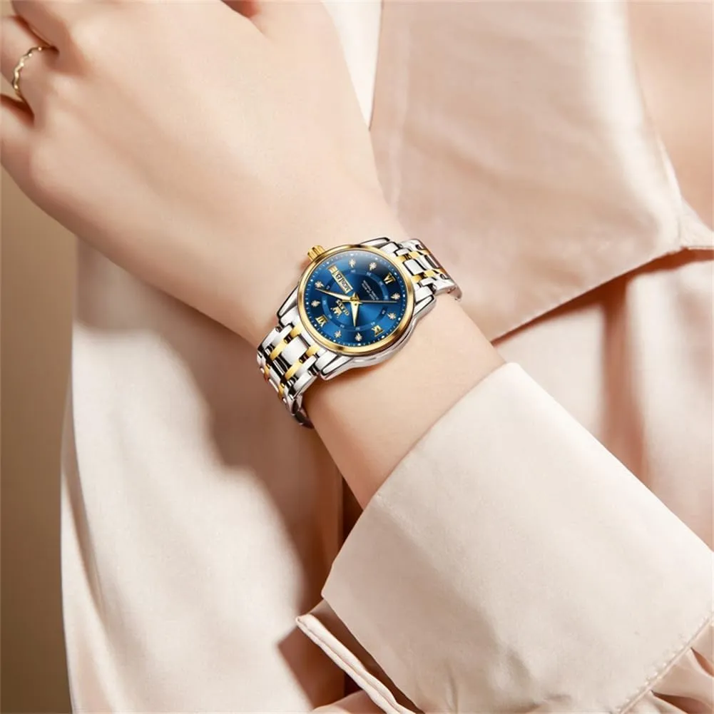 Quartz Stainless Steel Luminous Two Tone Wrist Watch OLEVS innovator Women Watches Fashion Dress Diamond Female Watches for Ladies Waterproof Analog 