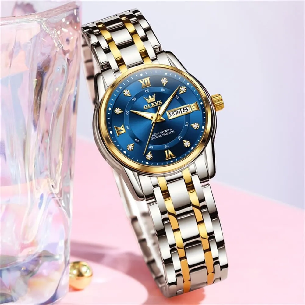 Quartz Stainless Steel Luminous Two Tone Wrist Watch OLEVS innovator Women Watches Fashion Dress Diamond Female Watches for Ladies Waterproof Analog 