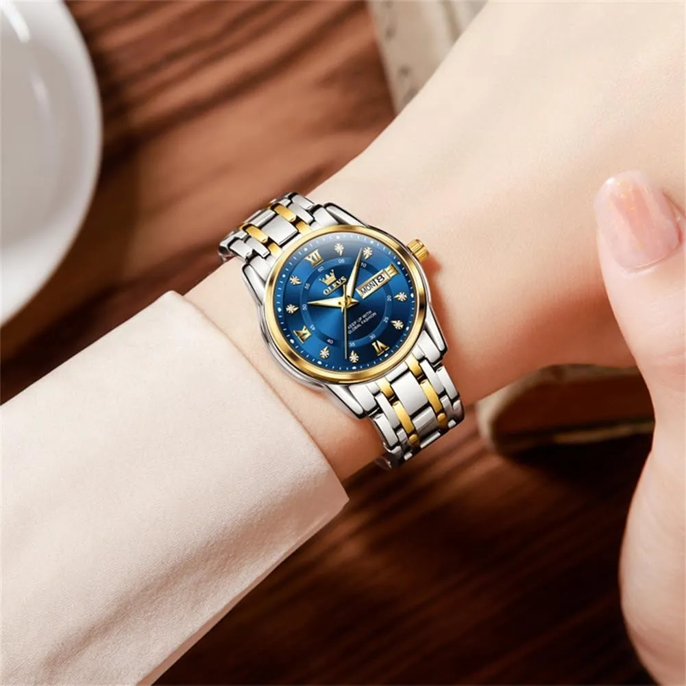 Quartz Stainless Steel Luminous Two Tone Wrist Watch OLEVS innovator Women Watches Fashion Dress Diamond Female Watches for Ladies Waterproof Analog 