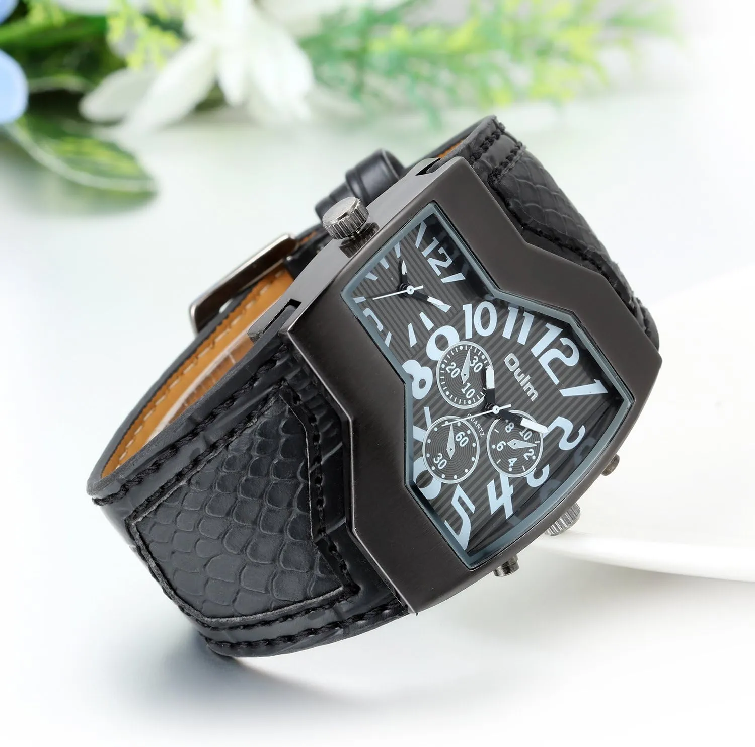 Quartz Watch, JewelryWe Mens Dual Time Watch Military malleable annual whim Leather Wristwatch Cool Big Dial 