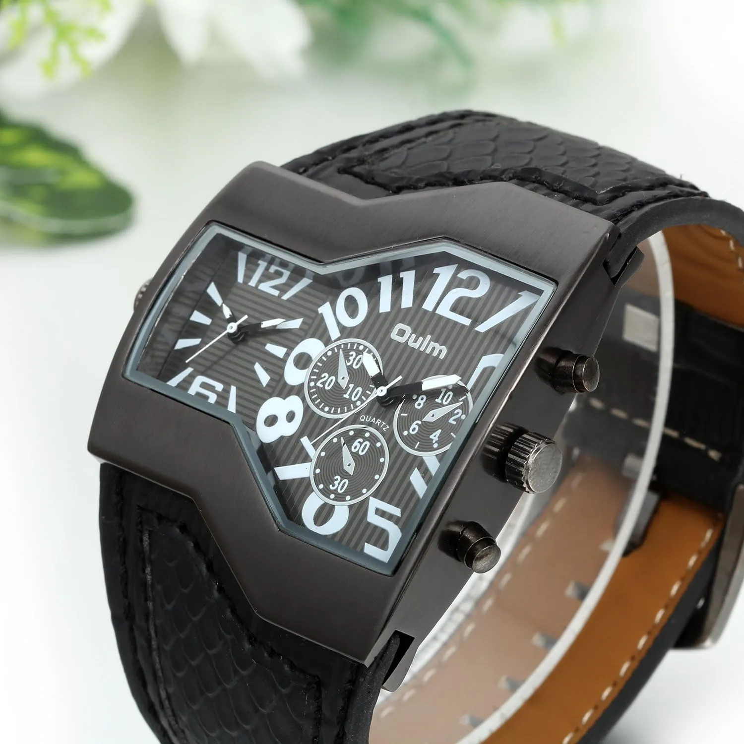 Quartz Watch, JewelryWe Mens Dual Time Watch Military malleable annual whim Leather Wristwatch Cool Big Dial 