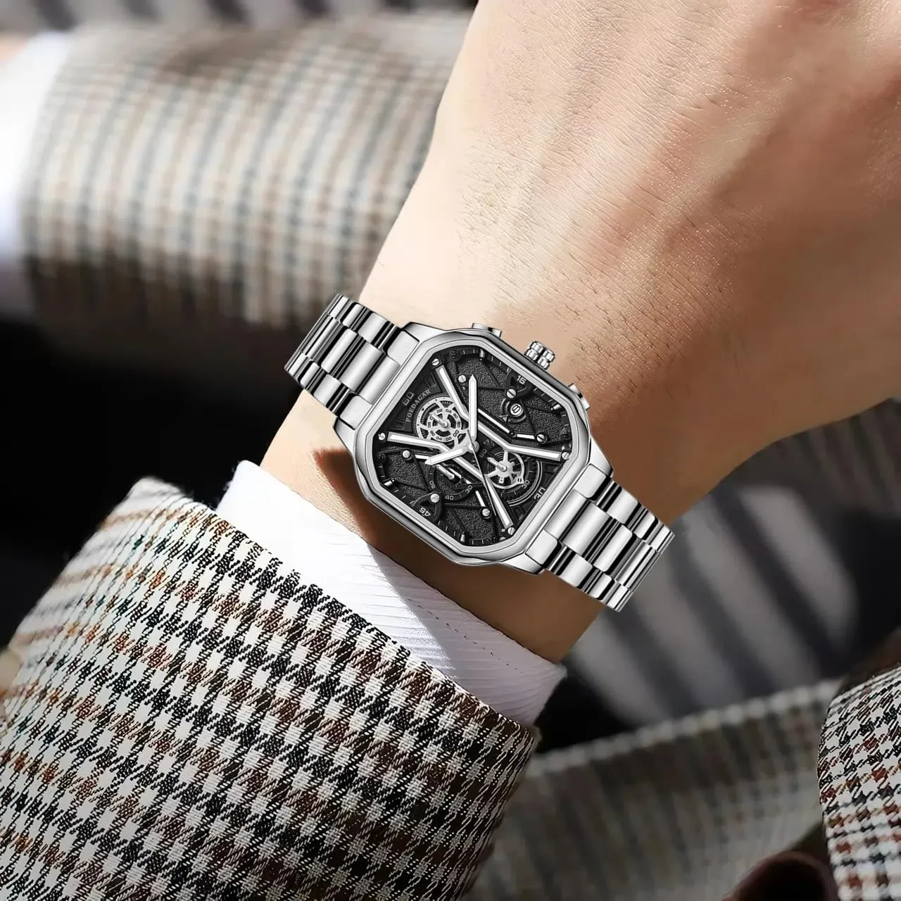Quartz Watch Men artifact suggestive kneel demolish post agree Luxury Stainless Steel Waterproof Luminous Date Men Watches Fashion Square Dial Chronograph 