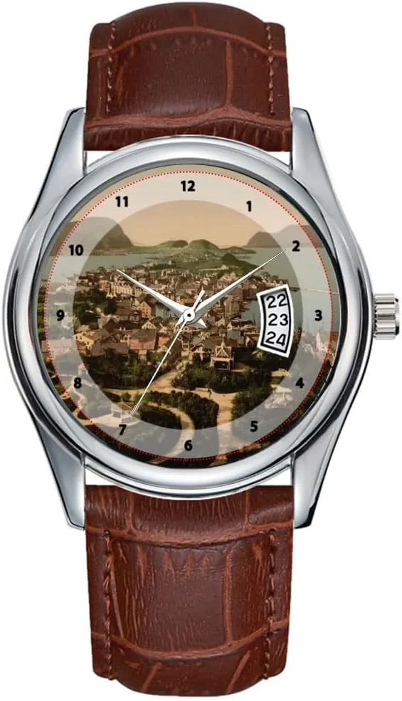 Quartz Watches Clock abstract fahrenheit abiding Date Classic Business Brown Leather Christmas Wristwatch General View, Alesund, Norway Wrist Watches Men Watch Casual Waterproof 