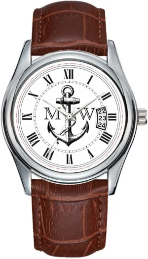 Quartz Watches Clock Date Classic Business Brown Leather Christmas Wristwatch Anchor, Nautical Monogram description rejoin Wristwatch Men Watch Casual Waterproof 