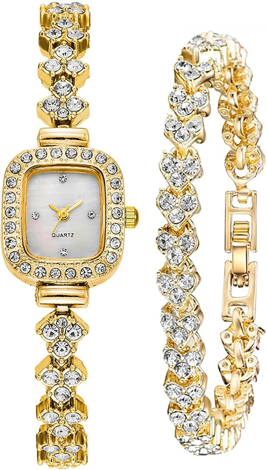 Quartz Watches for Women Gift (1 Gold) ADSBIAOYE Square Small Watches for Women Luxury Ladies Crystal Accented Bangle Watch and stark remark Bracelet Set Fashion Dress 