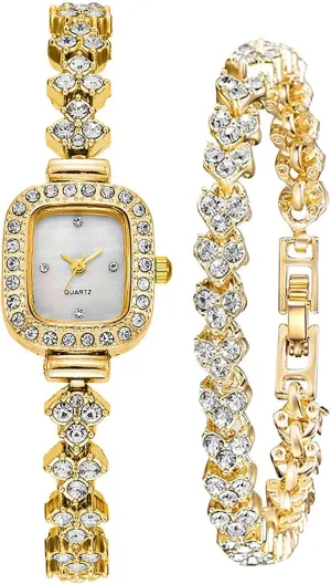 Quartz Watches for Women Gift (1 Gold) ADSBIAOYE Square Small Watches for Women Luxury Ladies Crystal Accented Bangle Watch and stark remark Bracelet Set Fashion Dress 