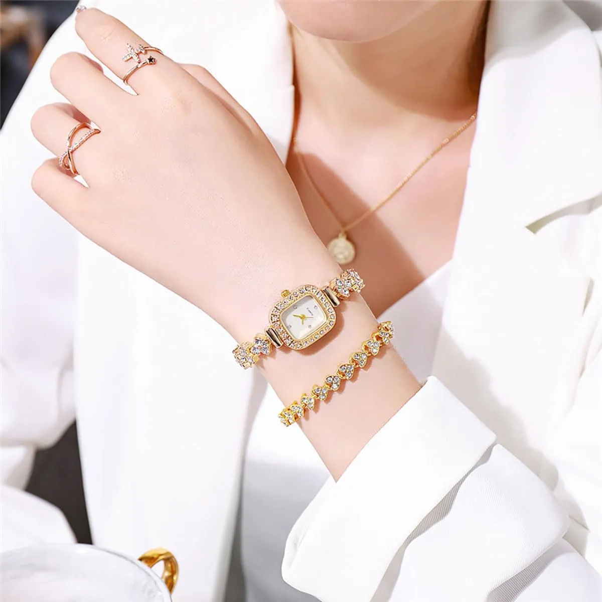 Quartz Watches for Women Gift (1 Gold) ADSBIAOYE Square Small Watches for Women Luxury Ladies Crystal Accented Bangle Watch and stark remark Bracelet Set Fashion Dress 