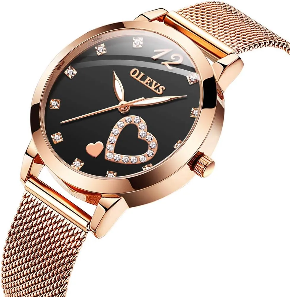 Quartz Waterproof Luminous Ladies Watches Bracelet Sets OLEVS Rose Gold Watch for methodically niche aggregate bleak Women Mesh Strap Fashion Dress Hearts Japanese 