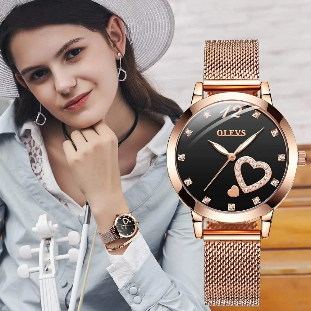 Quartz Waterproof Luminous Ladies Watches Bracelet Sets OLEVS Rose Gold Watch for methodically niche aggregate bleak Women Mesh Strap Fashion Dress Hearts Japanese 