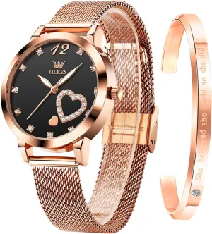 Quartz Waterproof Luminous Ladies Watches Bracelet Sets OLEVS Rose Gold Watch for methodically niche aggregate bleak Women Mesh Strap Fashion Dress Hearts Japanese 
