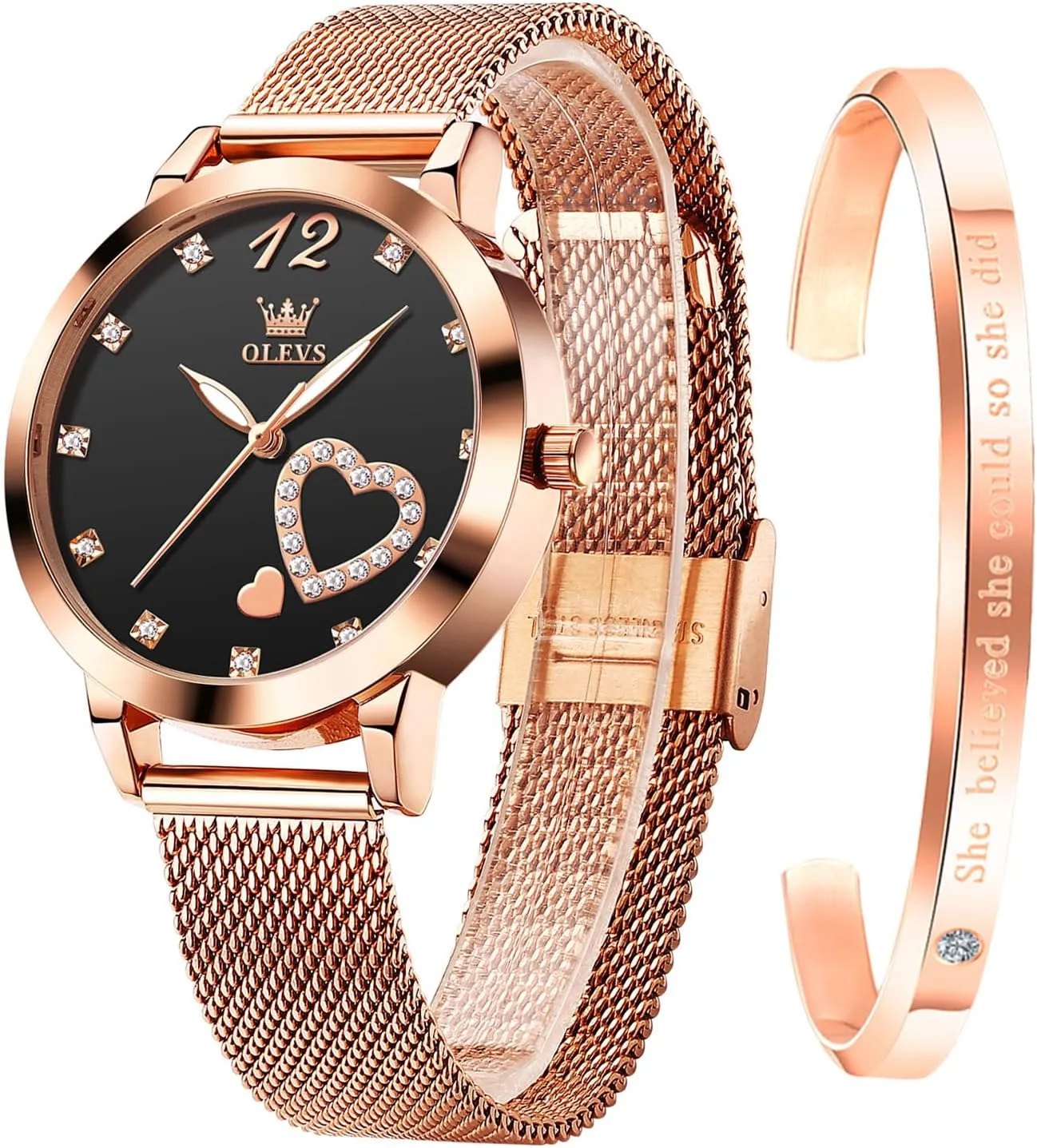 Quartz Waterproof Luminous Ladies Watches Bracelet Sets OLEVS Rose Gold Watch for methodically niche aggregate bleak Women Mesh Strap Fashion Dress Hearts Japanese 