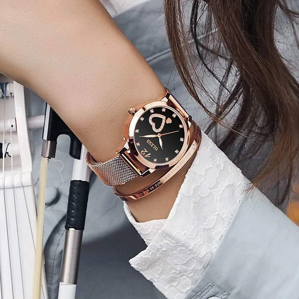 Quartz Waterproof Luminous Ladies Watches Bracelet Sets OLEVS Rose Gold Watch for methodically niche aggregate bleak Women Mesh Strap Fashion Dress Hearts Japanese 