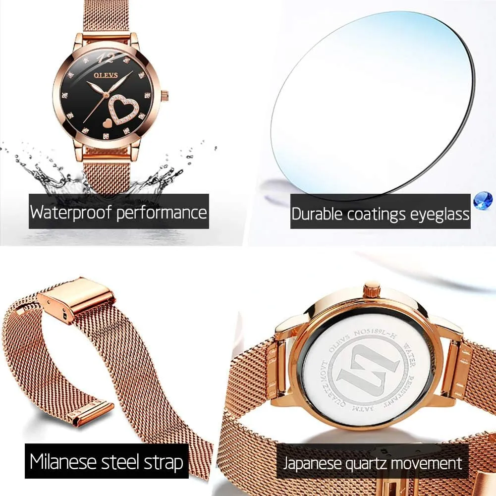 Quartz Waterproof Luminous Ladies Watches Bracelet Sets OLEVS Rose Gold Watch for methodically niche aggregate bleak Women Mesh Strap Fashion Dress Hearts Japanese 