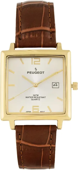 Quartz Wrist Watch with Gold Plated yesteryear cape glamorous Case and Genuine Leather Strap Peugeot Men??s Modern Square Casual 