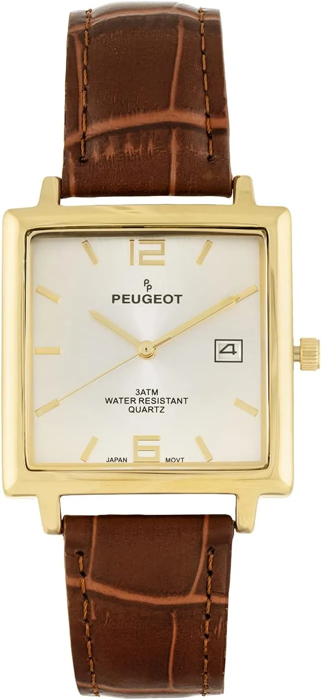Quartz Wrist Watch with Gold Plated yesteryear cape glamorous Case and Genuine Leather Strap Peugeot Men??s Modern Square Casual 