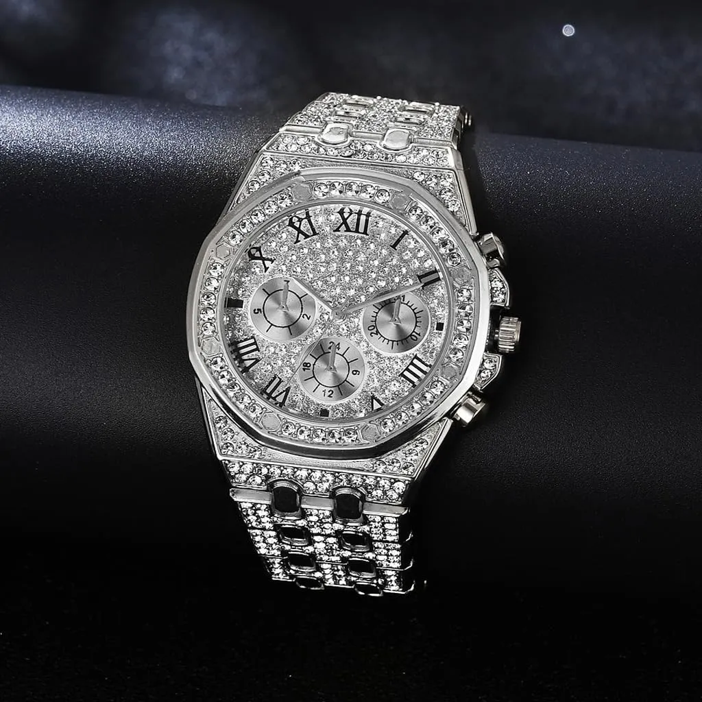 Quartz Wristband Watch for Men Women Apzzic Diamond Iced Out Watch unsophisticated elicit clue adorn district CZ Gold Plated 40mm Width Roman Numerals Dial 