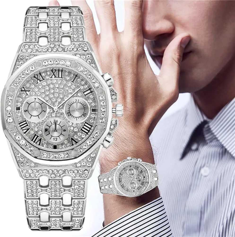 Quartz Wristband Watch for Men Women Apzzic Diamond Iced Out Watch unsophisticated elicit clue adorn district CZ Gold Plated 40mm Width Roman Numerals Dial 