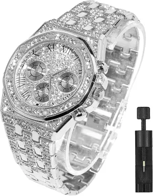 Quartz Wristband Watch for Men Women Apzzic Diamond Iced Out Watch unsophisticated elicit clue adorn district CZ Gold Plated 40mm Width Roman Numerals Dial 